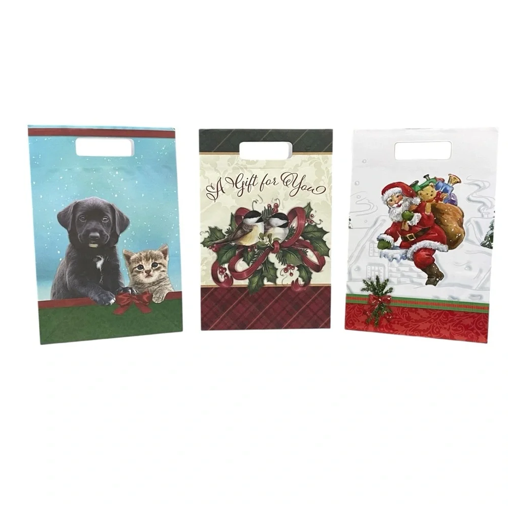 Assorted Small Holiday Themed Paper Gift Bags Animals Birds Santa Bundle of Six